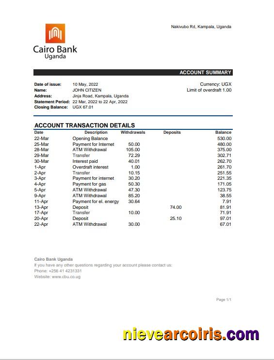 Uganda Cairo bank statement, Excel and PDF